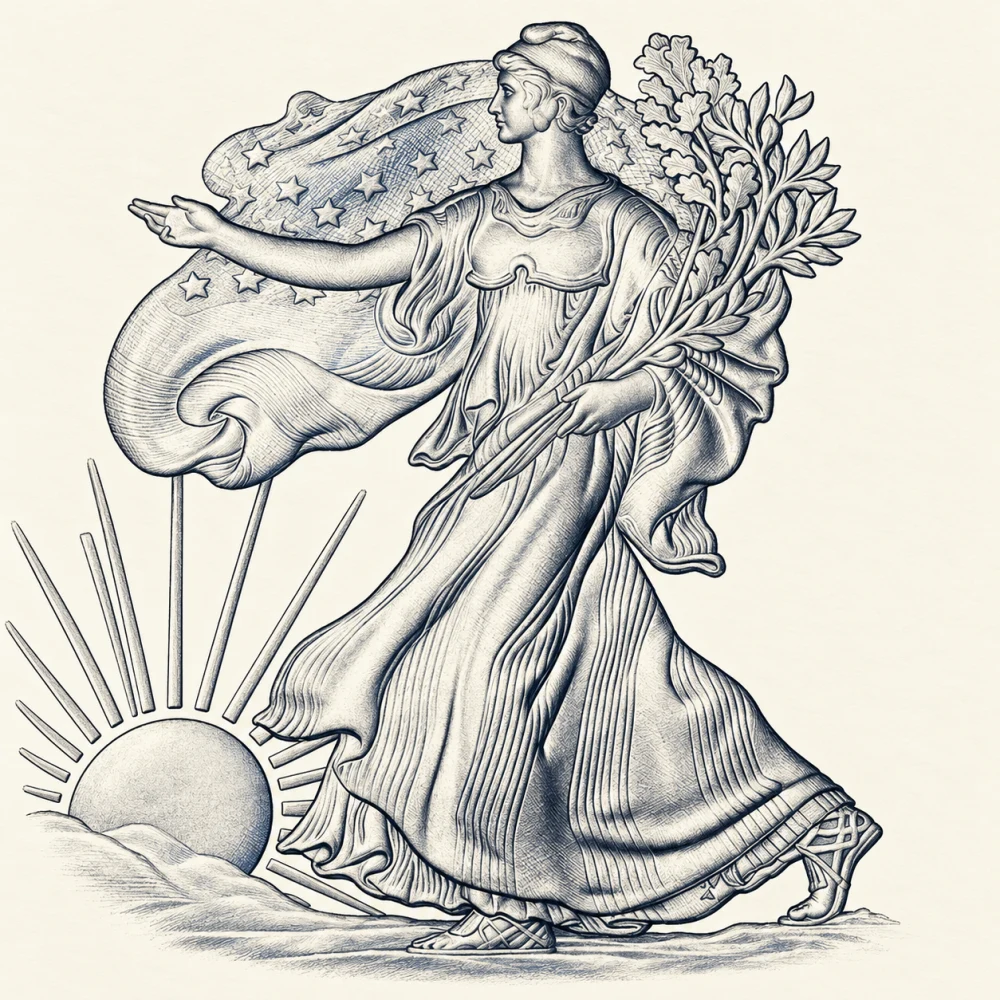 Engraved-style artistic study of Liberty striding toward the sunrise, with flowing drapery and branches