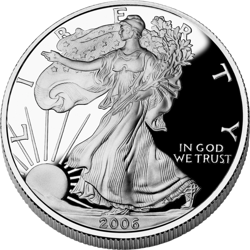 Walking Liberty on the obverse of a 2006 American Silver Eagle proof coin